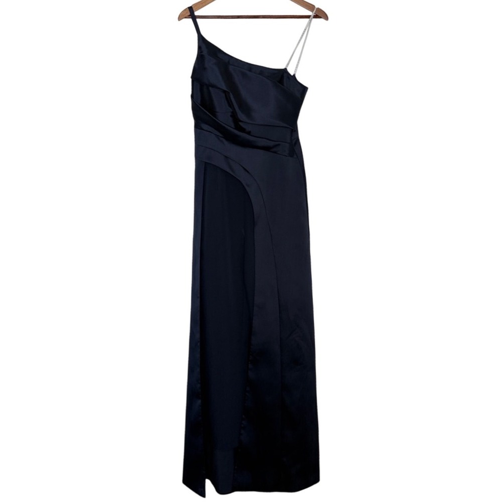 Kay Unger Satin One Shoulder Walk Through Jumpsuit Navy Formal Size 6 NWT